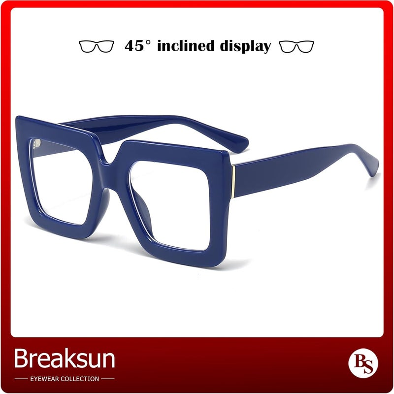 Breaksun Oversized Blue Light Glasses for Women Fashion Thick Square Computer Eyewear Non-Prescription Black Glasses (Dark Blue) - Image 2